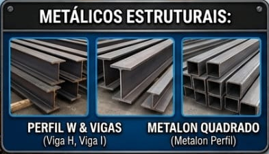 Metálicos estruturais: perfil W, vigas, metalon quadrado