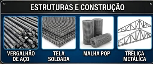 Estruturas e construção: vergalhão de aço, tela soldada, malha pop, treliça metálica